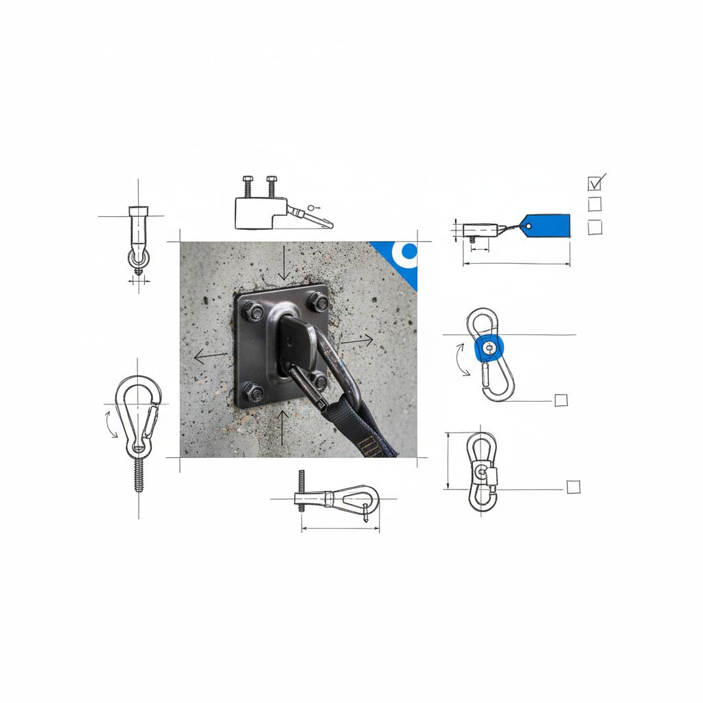 Overhead close-up of certified anchor plate bolted into concrete with harness lanyard and blue inspection tag on a white inspection notebook with safety sketches &mdash; falls from height