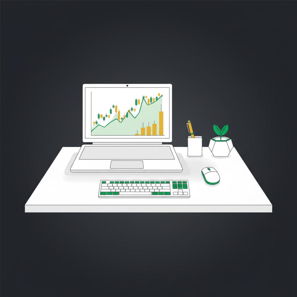 Minimalist 2D vector of a calm workspace with laptop displaying market charts in green and gold on dark background illustrating why is crypto crashing