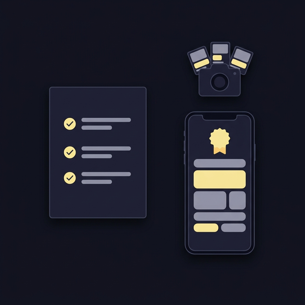Minimal 2D vector showing a paper checklist beside a phone displaying an abstract regulator search result and a small camera with screenshots in Funded Plays palette mystake sportsbook