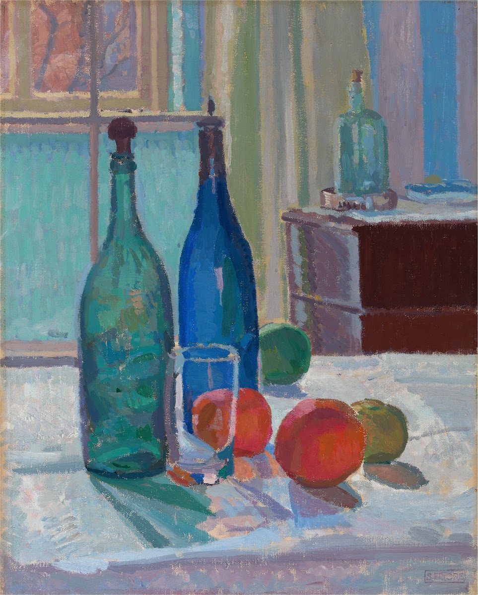 Blue and Green Bottles and Oranges ca 1914