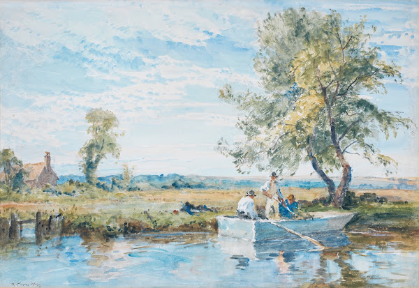 Figures in a boat with an extensive landscape beyond