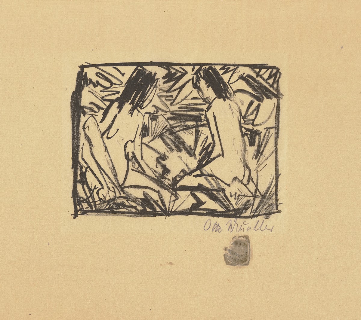 Ein sitzendes und ein kniendes Mädchen unter Blättern 1920