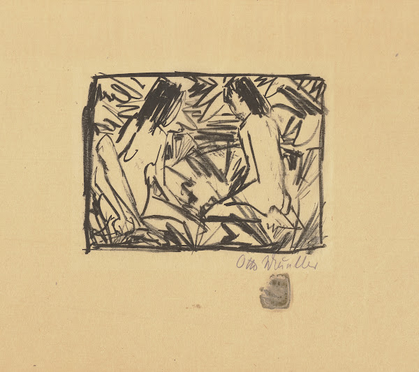 Ein sitzendes und ein kniendes Mädchen unter Blättern 1920