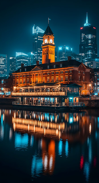 Historic Clock Tower Reflected in City River at Night - Free mobile Wallpaper
