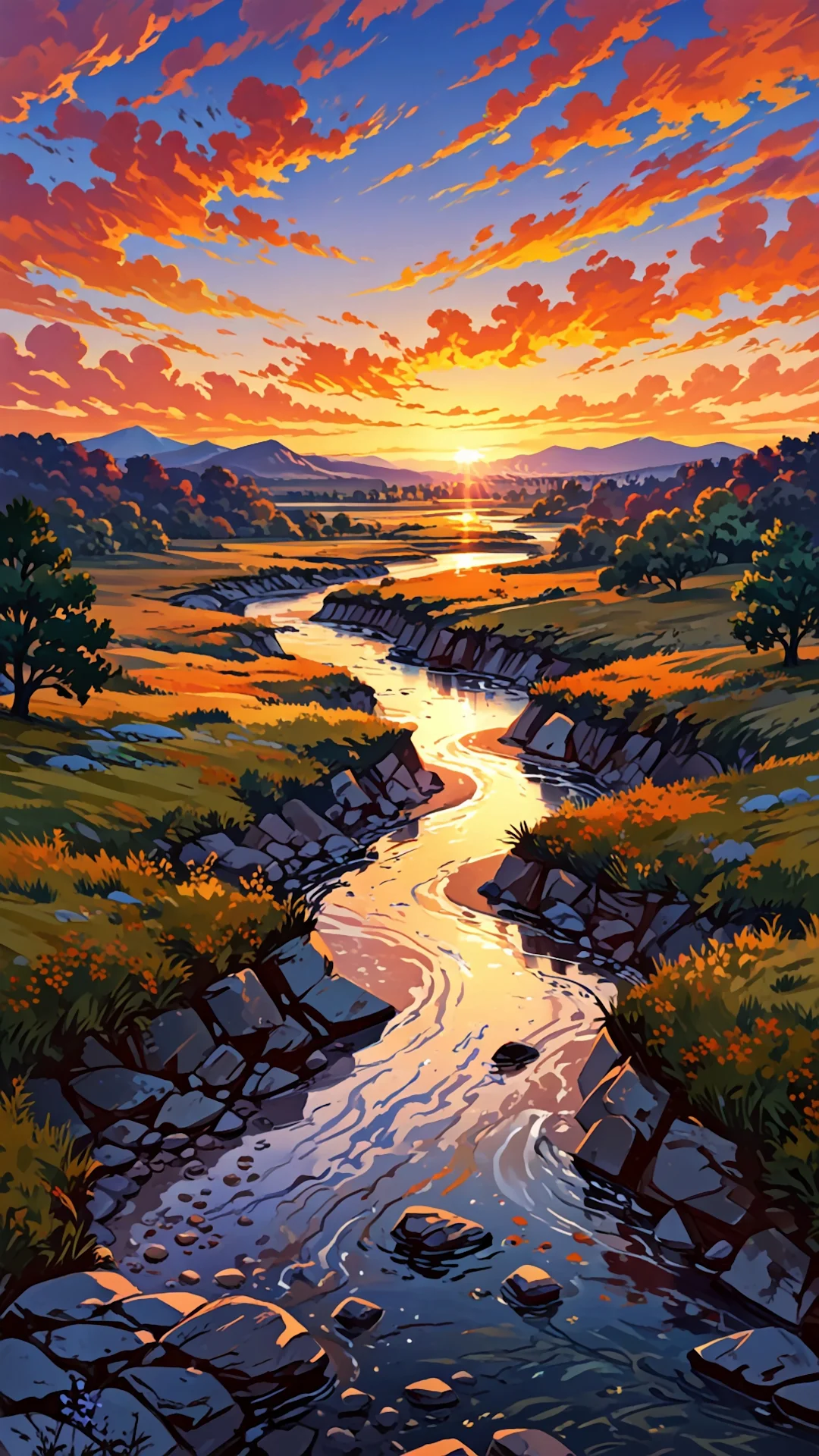 Painterly Sunset River Valley Landscape Art - Free 4K mobile Wallpaper