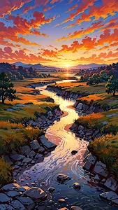 Painterly Sunset River Valley Landscape Art
