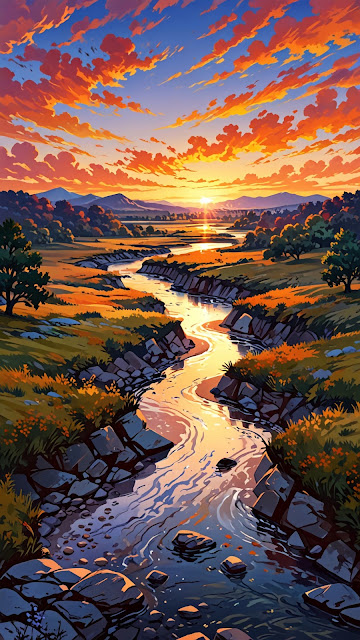 Painterly Sunset River Valley Landscape Art - Free mobile Wallpaper