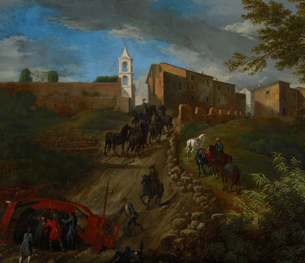 Coach and Travelers at Madonna del Riposo Near Rome 17th 18th century