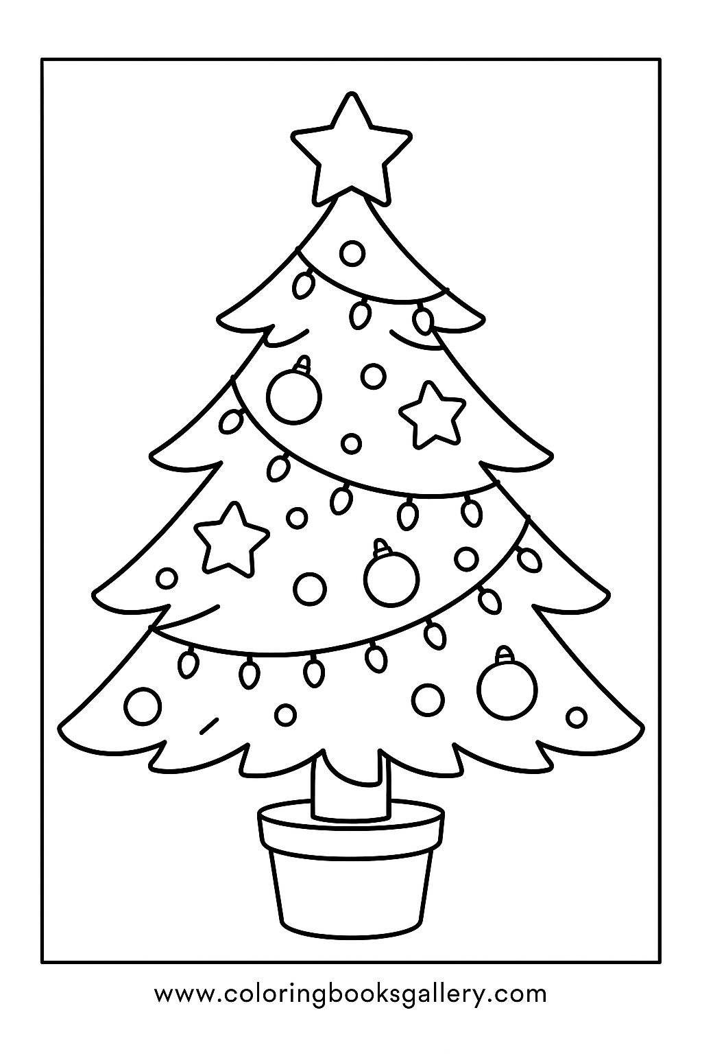 Printable Christmas tree with ornaments and lights coloring sheet