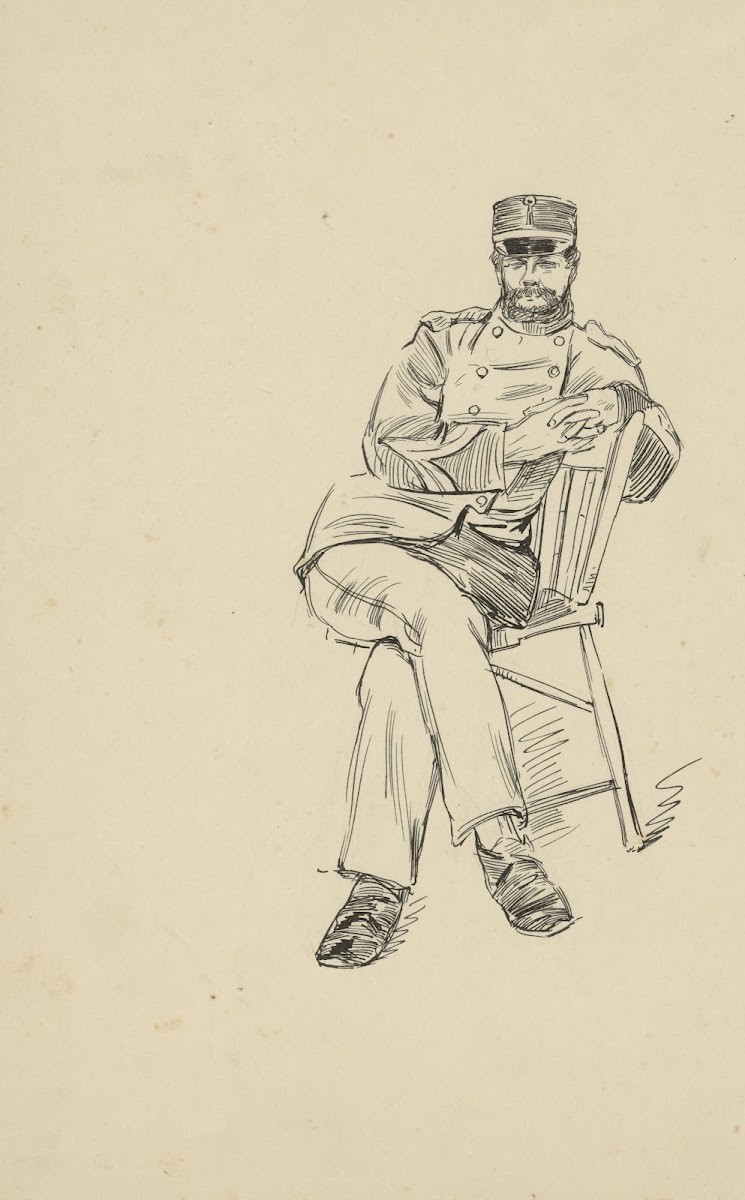 Militair zittend op een stoel 1898