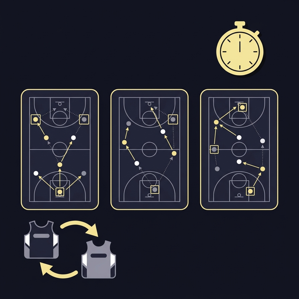 Minimalist 2D vector coaching graphic with stopwatch overlay rounded clip thumbnails arrows and positioning guides for Evaluating Players After Long Breaks