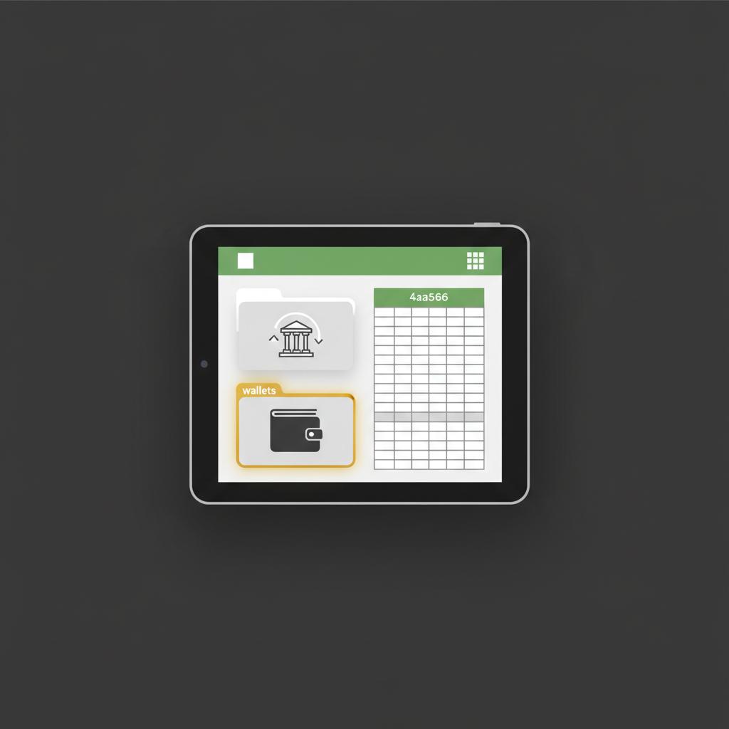Minimalist vector tablet interface showing folder icons for exchanges and wallets and a spreadsheet grid illustrating best place to buy crypto