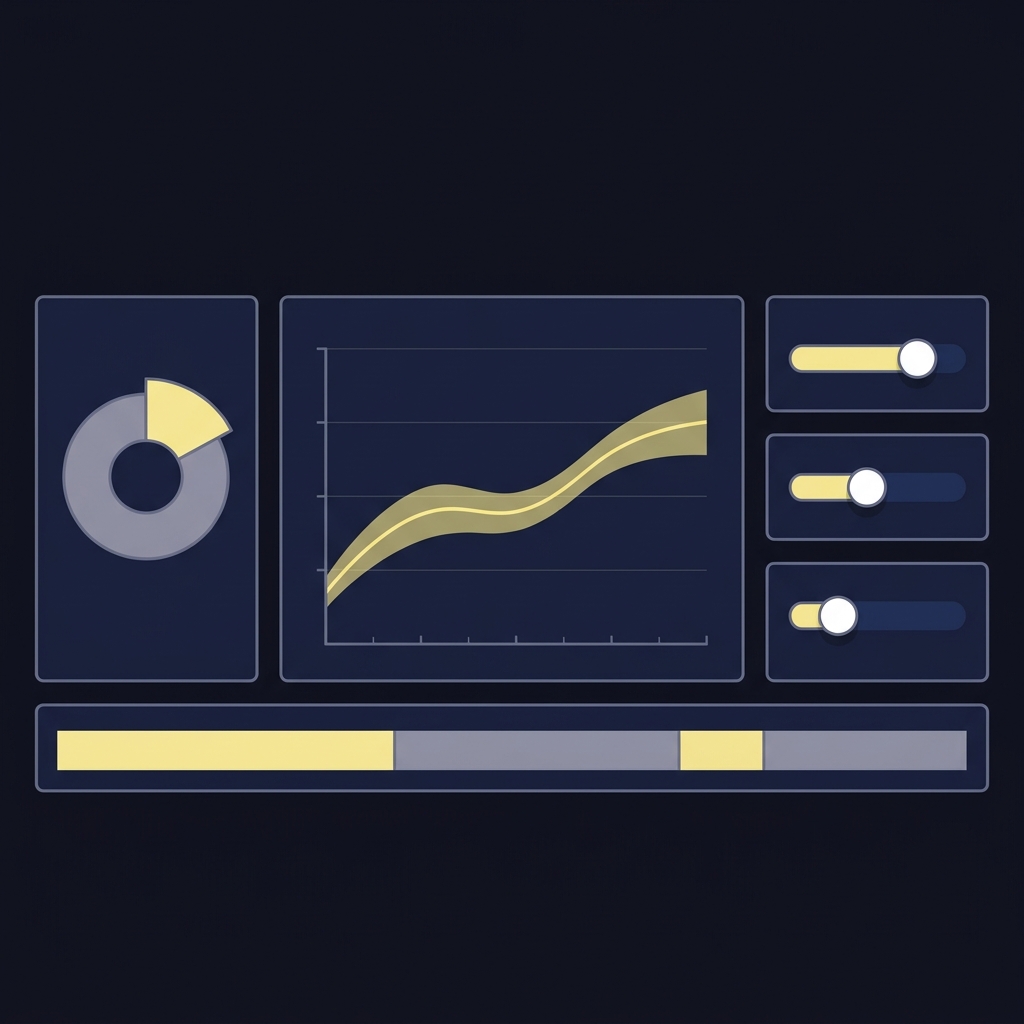 Minimal 2D vector dashboard illustrating Using Returning Production in Preseason Analysis with a line chart and uncertainty band donut breakdown and decay weight sliders on Funded Plays brand palette
