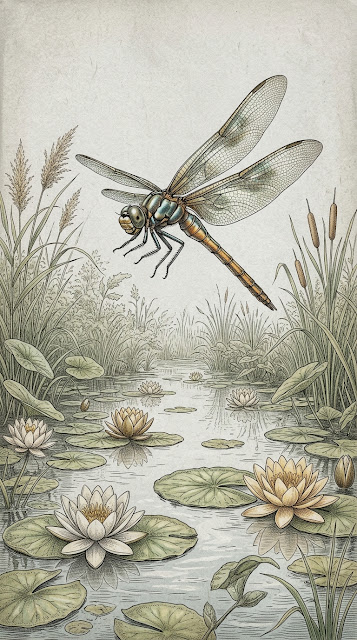 Vintage Style Dragonfly Illustration Over a Tranquil Pond - Free mobile Wallpaper
