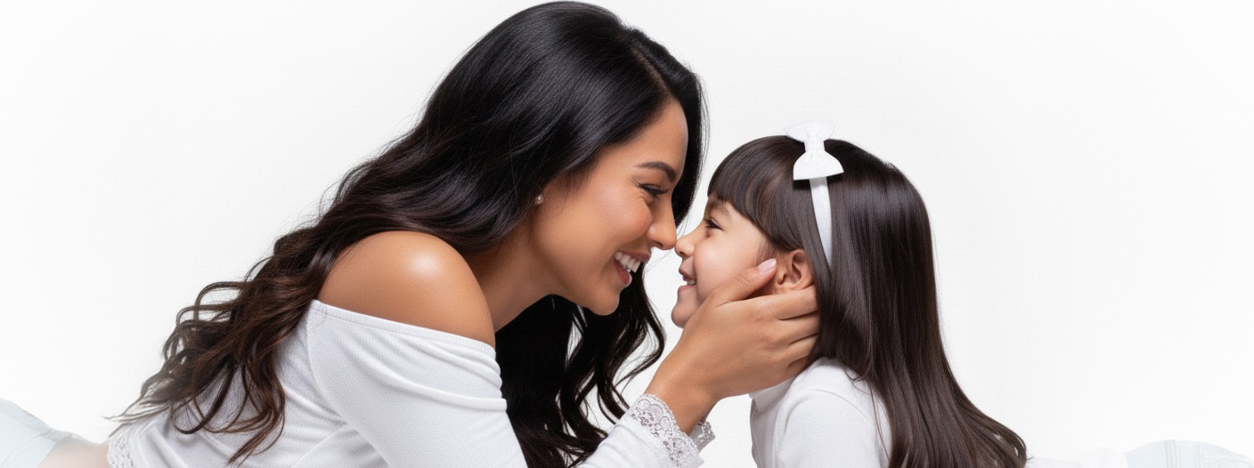 Mother and daughter lying face to face on a white background, smiling nose-to-nose in white outfits as mom gently holds her child’s cheeks.