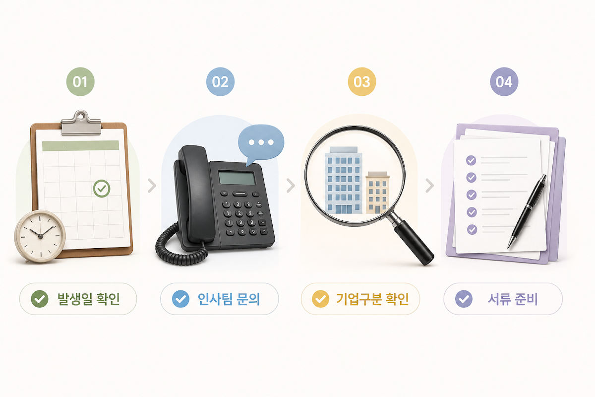 발생일 확인, 인사팀 문의, 기업구분 확인, 서류 준비 순서의 체크리스트