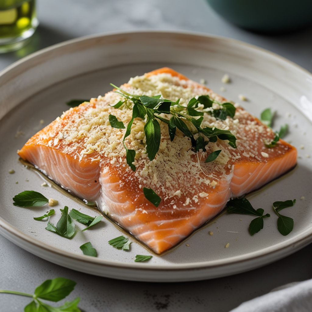 Garlic Parmesan Crusted Salmon with Lemon-Dill Yogurt Sauce
