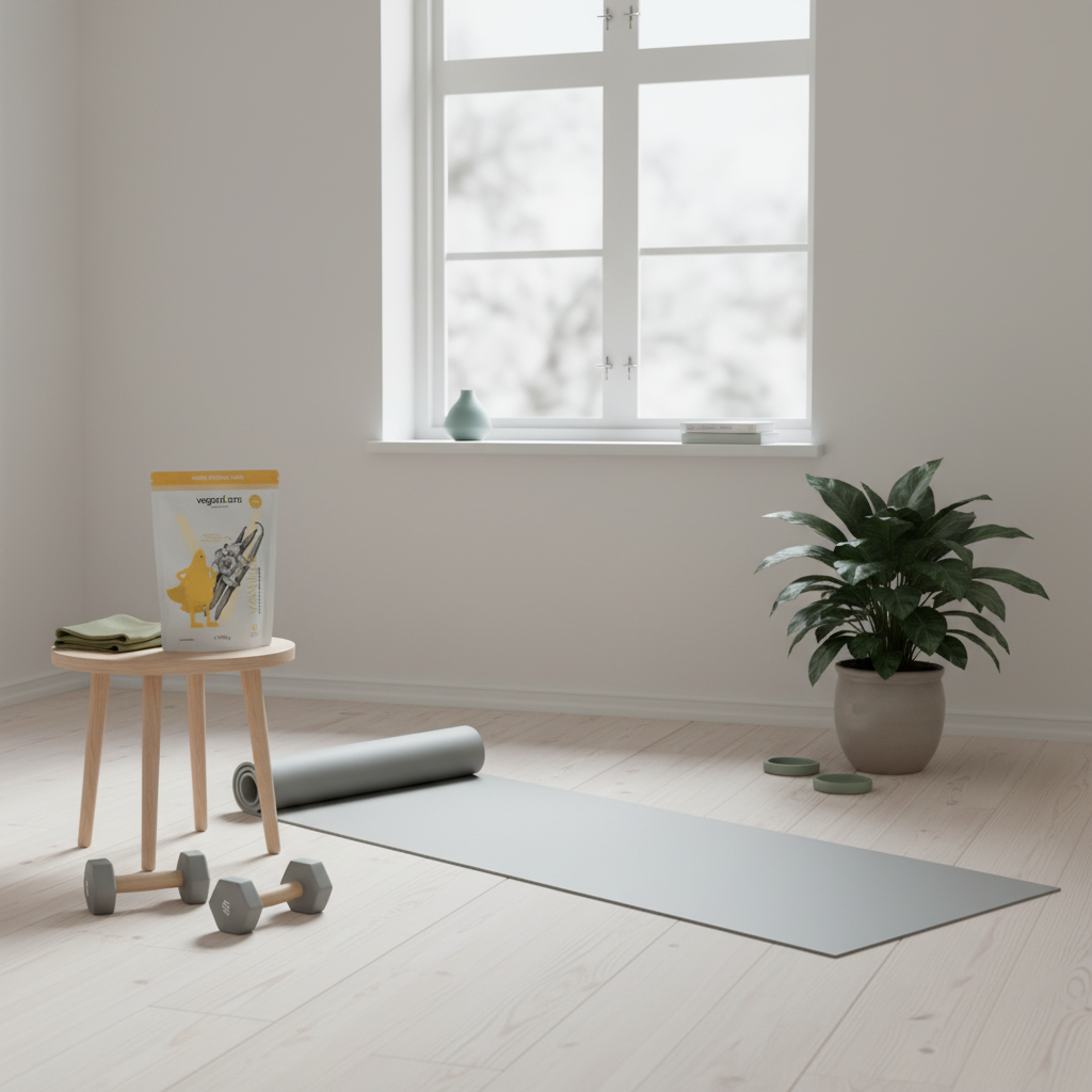 Speiseplan erstellen lassen: Minimalistische Heimtrainingsszene ohne Personen mit Yogamatte, Kurzhanteln und geöffnetem Proteinbeutel auf Beistelltisch, Winterlicht, skandinavischer Holzboden.