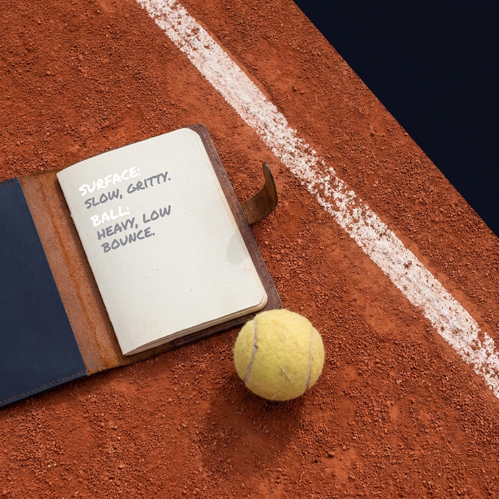 Close up clay court with notebook page showing surface and ball notes and a tennis ball illustrating Building a Tennis Match Research Checklist in a clean minimalist layout