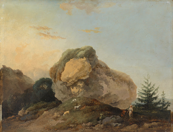 A hilly landscape with a large rock and a shepherd and shepherdess with their fl
