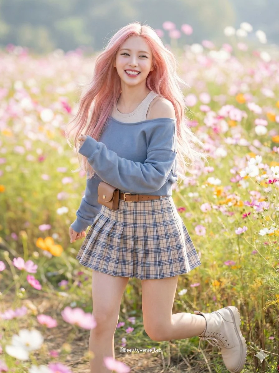 Linda chica K-pop corriendo en un campo de flores
