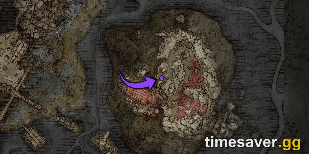 Annotated map of Mohgwyn Palace showing the Dynasty Mausoleum boss arena and the Midpoint Site of Grace in Elden Ring