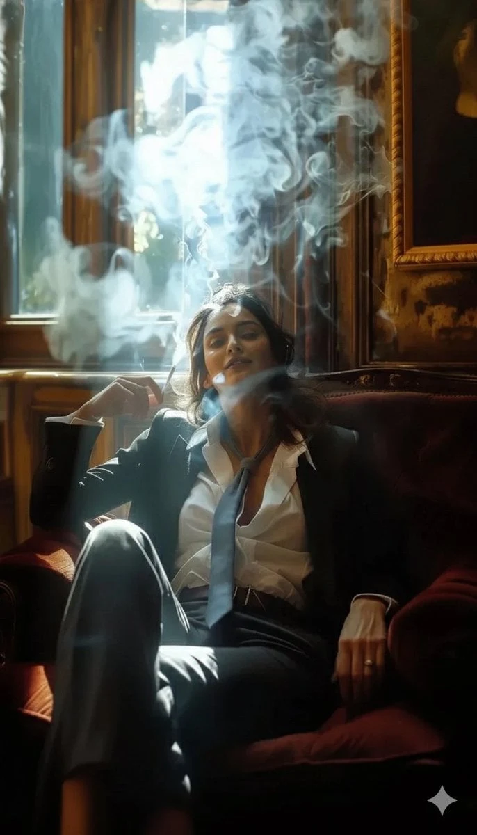 Un retrato cinematográfico en alta definición de una mujer sofisticada sentada en un lujoso sillón de terciopelo color burdeos...