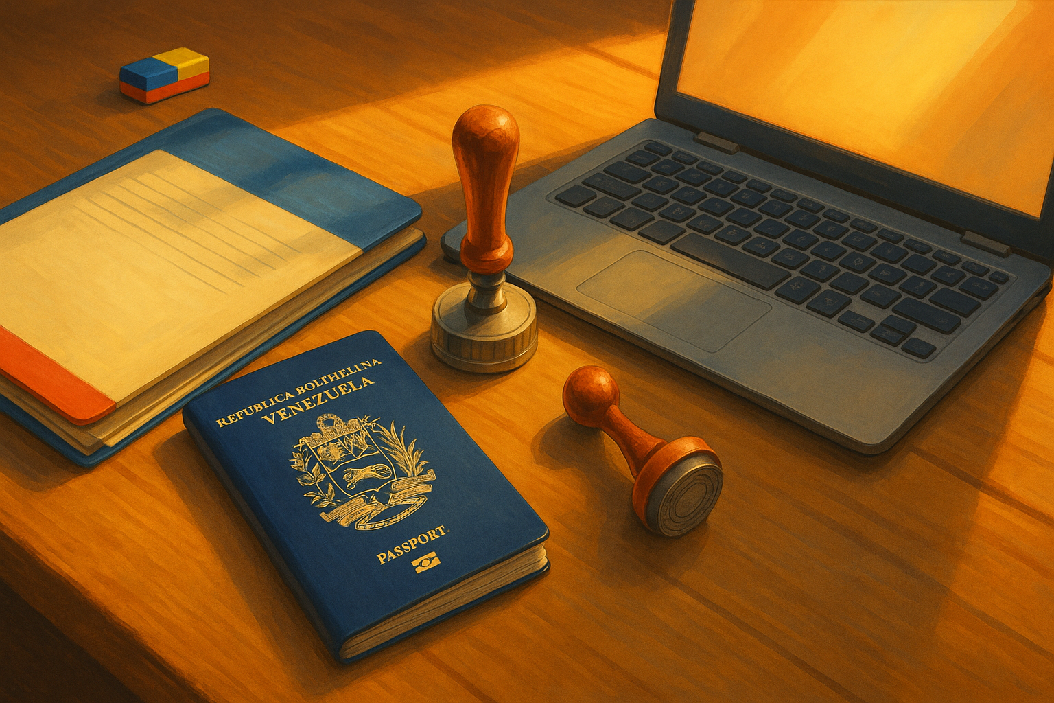 Carpeta con documentos y pasaporte: apostilla de documentos venezolanos en el exterior