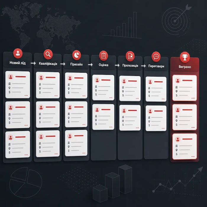 продажі через Jira — Схема воронки продажів у Jira з етапами угоди