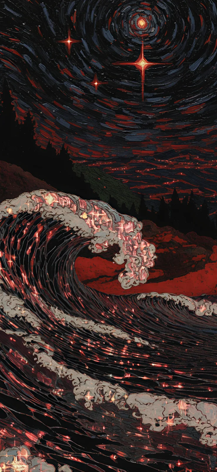 Red Waves Under Starry Night - Impressionist Digital Painting 2K iPhone Wallpaper (1885x4084)