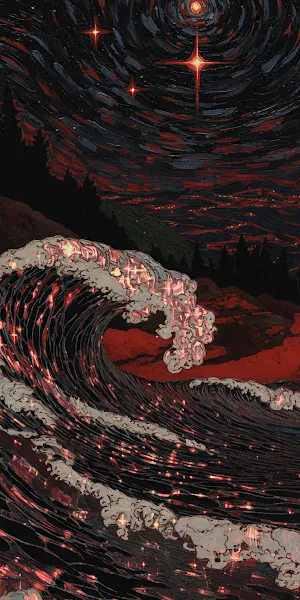 Red Waves Under Starry Night 2K iPhone Wallpaper Background