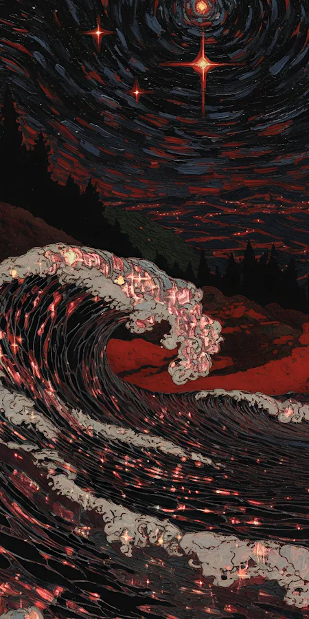 Red Waves Under Starry Night 2K iPhone Phone Wallpaper