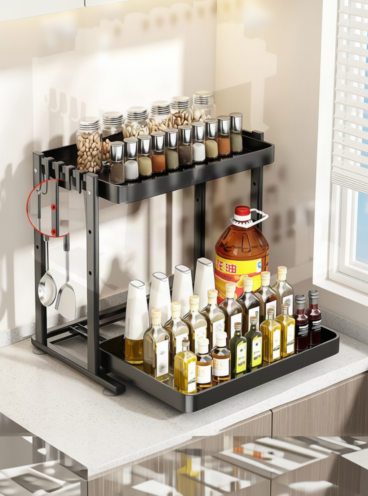 Kitchen spice rack made of stainless steel, extendable, two-tier