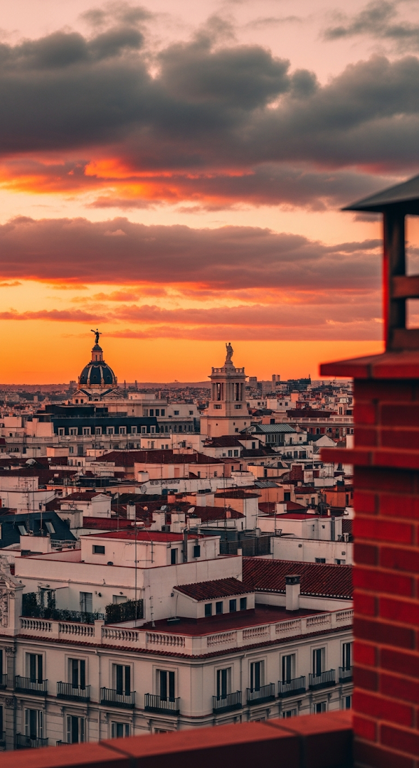 Rooftop View of Madrid Cityscape Silhouette against Fiery Sunset Sky