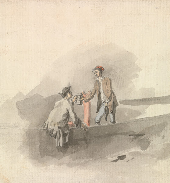 Two Men in a Boat Clinking Tankards