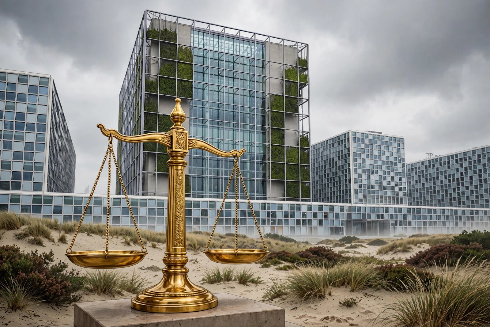 Illustration of the International Criminal Court building in The Hague with golden scales of justice in the foreground