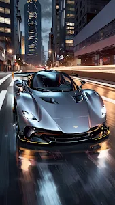 Silver Supercar Speeding Through Neon City Night