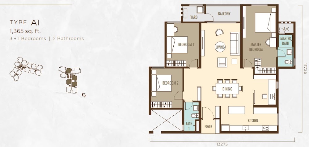 Ayanna Type A1 floor plan — 1155 sq ft, 3 bedrooms