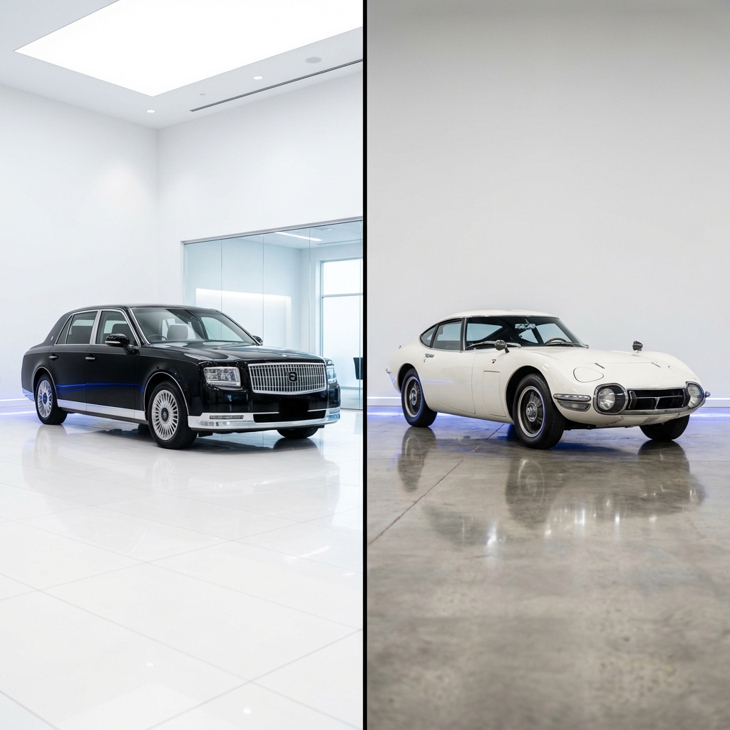 toyota supra for sale side by side Toyota Century in a modern white showroom and classic Toyota 2000GT minimalist composition clean background