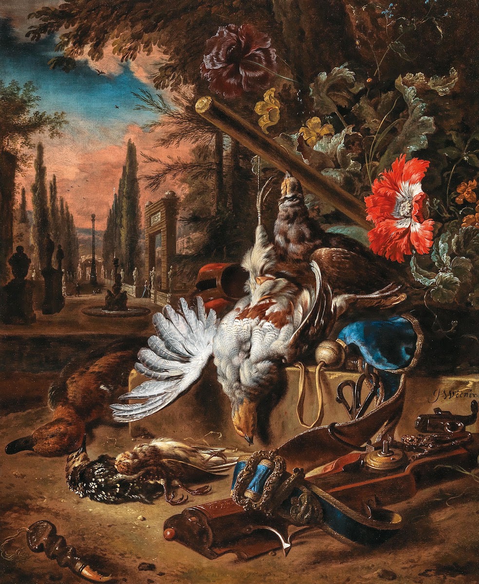 Partridges songbirds a duck a gun and a quailwistle in a parkland landscape 1695