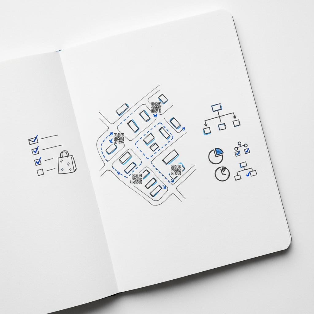 Top-down sketchbook page showing a neighborhood map with marked routes, QR-code icons and a simple mail-drop checklist, illustrating How to get more lawn care leads?