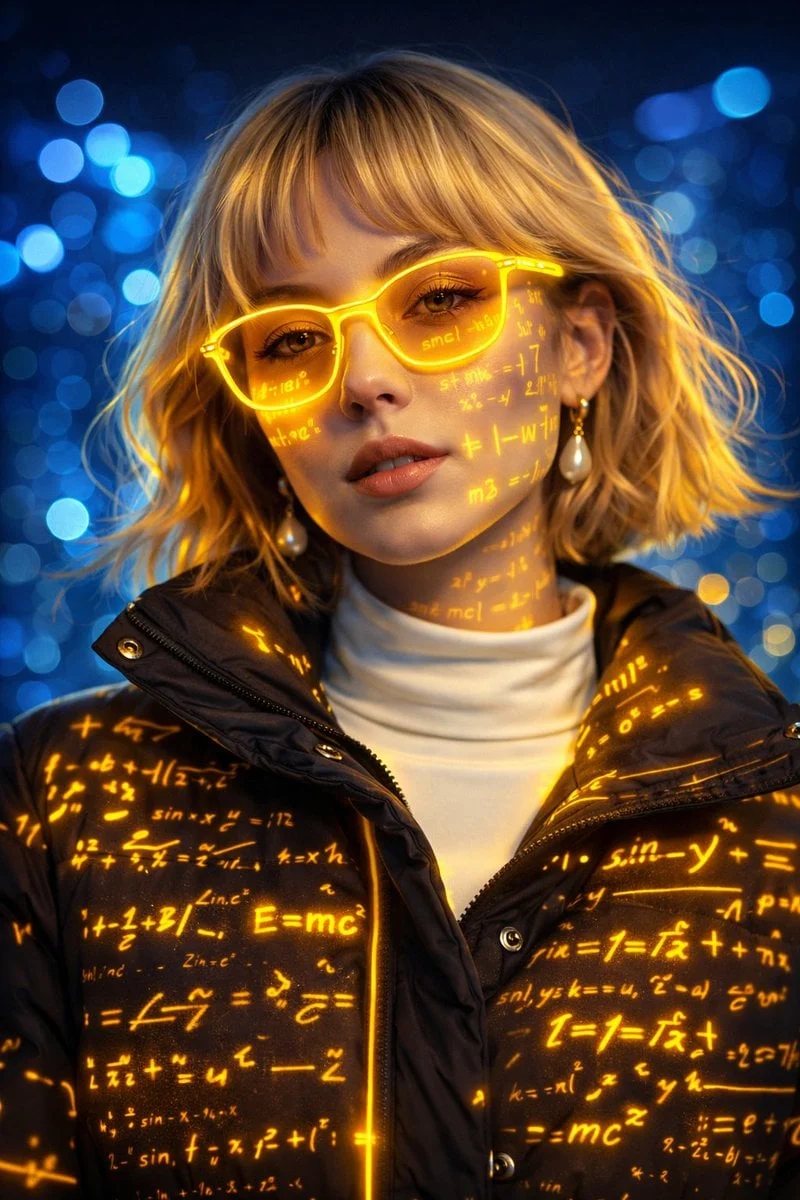 Un retrato ciberestético futurista de una joven que lleva gafas de color amarillo neón brillantes, con...