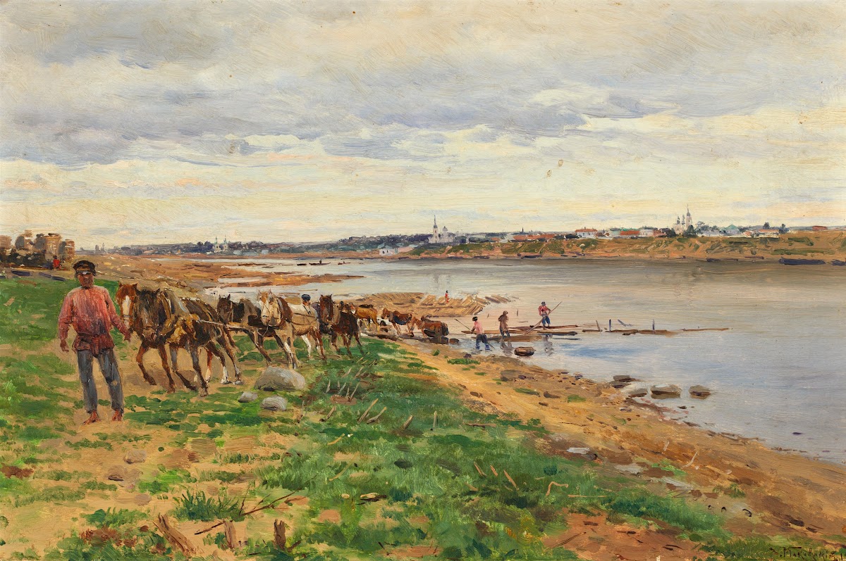 Woodworkers with horses on the banks of the Volga 1895