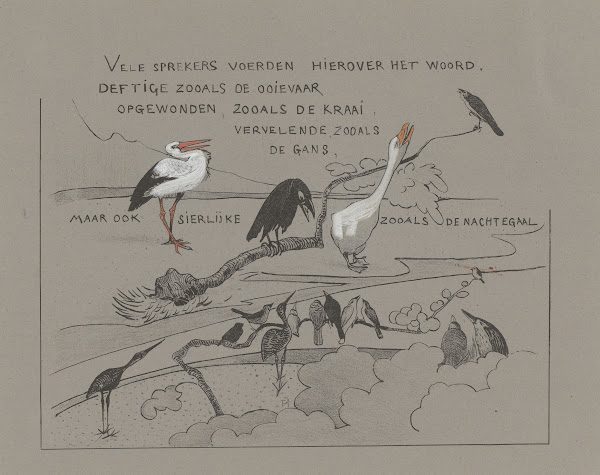 Tekstblad met vogels onder andere roerdomp gans ooievaar en kraai 1892