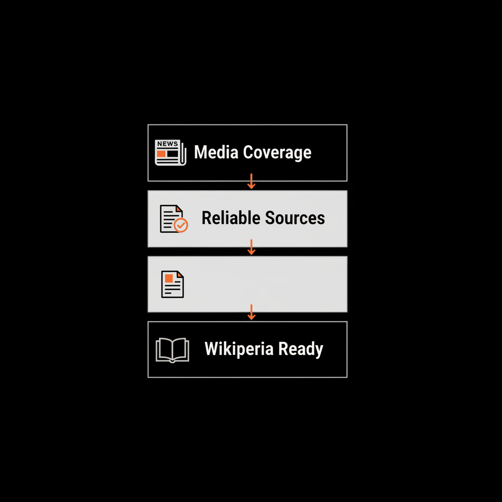 Minimal infographic funnel labeled 'Media Coverage' → 'Reliable Sources' → 'Wikipedia Ready' on black background with Social Success Hub brand colors, showing steps to earn an own Wikipedia page.