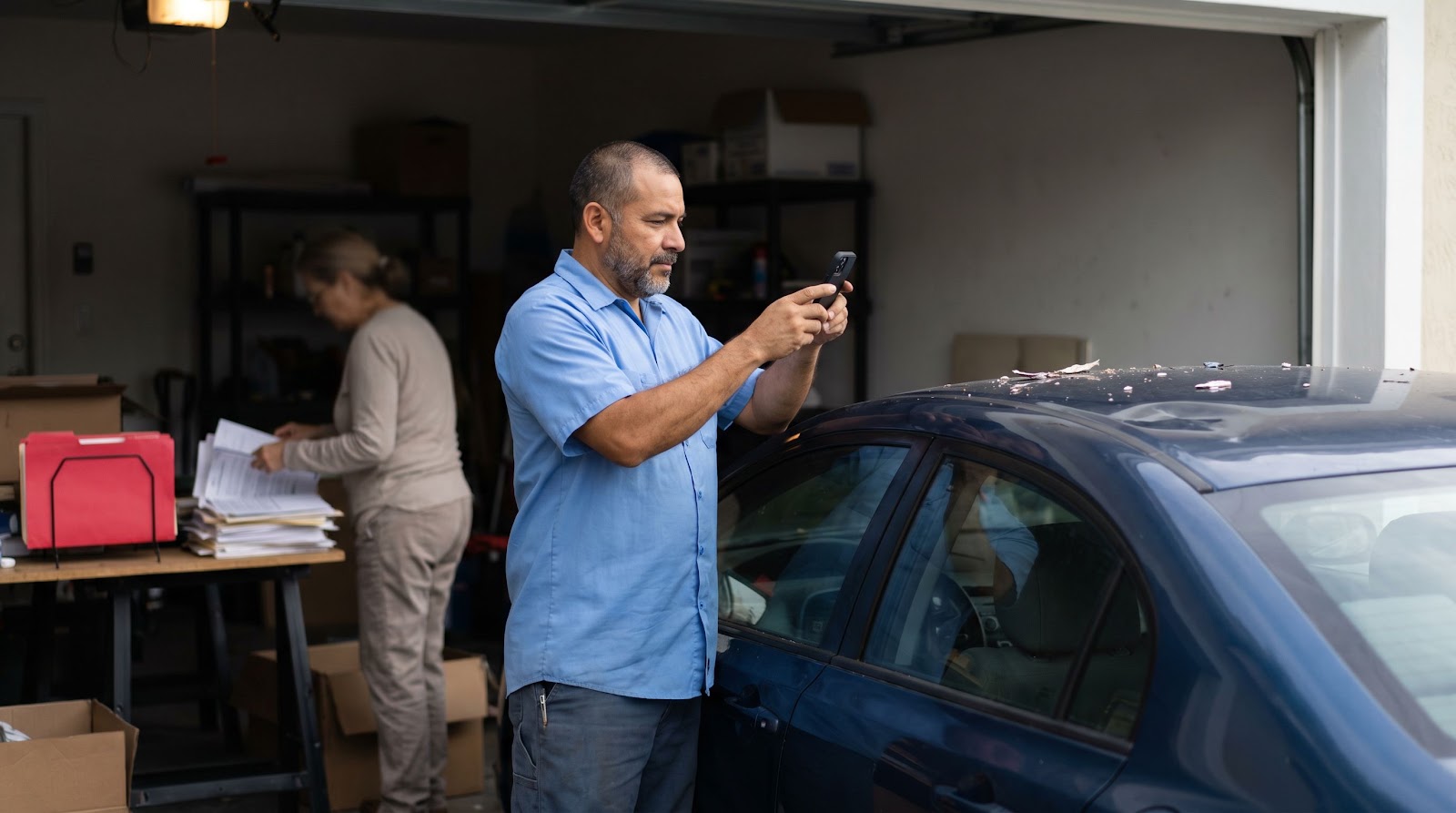 Homeowner documenting a florida garage roof collapse car insurance claim beside a damaged car in the garage