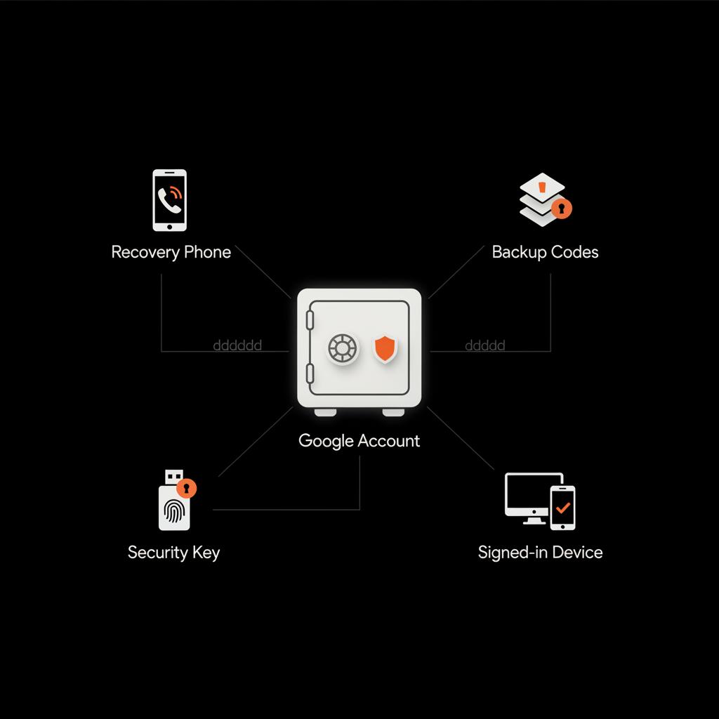 Minimal vector infographic of a safe labeled 'Google Account' linked to icons for Recovery Phone, Backup Codes, Security Key and Signed-in Device on black background — transfer Google account to new phone