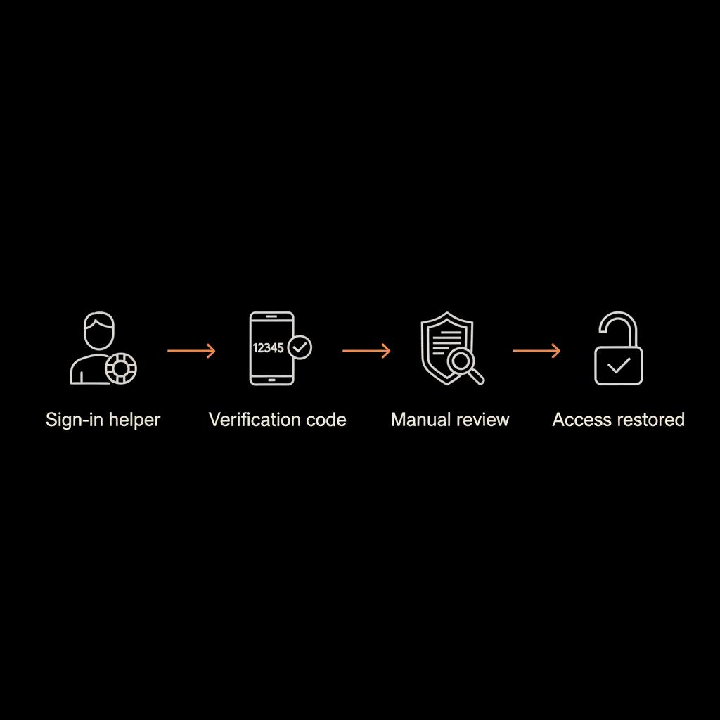 Minimal vector infographic showing step-by-step flow to recover yahoo account: sign-in helper → verification code → manual review → access restored, black background with grey elements and orange accents.