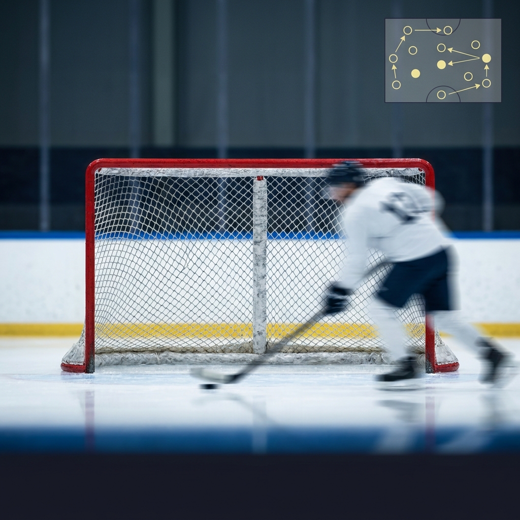 Close up of hockey net and a player in motion with a small schematic 6 on 5 tactical diagram overlay emphasizing strategy Why Empty-Net Goals Matter for Puck Lines