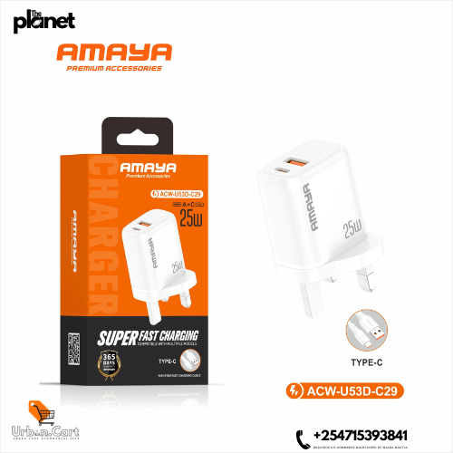 Amaya ACW-U53D-C29 PD25W+ QC3.0A +C2in1 British standard charger with Type-C cable